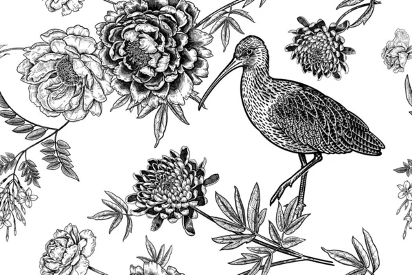 Florales Nahtloses Muster Vogel Und Gartenblumen Mit Zweigen Und Blättern — Stockvektor