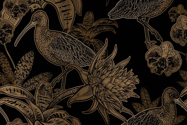 鸟和花 Ibis 兰花和奇异的花朵 植物无缝图案 金箔印在黑色背景上 矢量图解 复古版画 纺织品模板 — 图库矢量图片