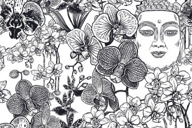 Buda 'nın kafası ve egzotik tropik çiçek orkideleri. Siyah ve beyaz çiçeksiz desen. Vektör çizimi. Eski model. Kumaş, kağıt, duvar kağıdı, tekstil ve diğer şeyler için çiçek arkaplanı.