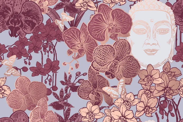 Tête Bouddha Des Orchidées Exotiques Fleurs Tropicales Motif Floral Sans — Image vectorielle