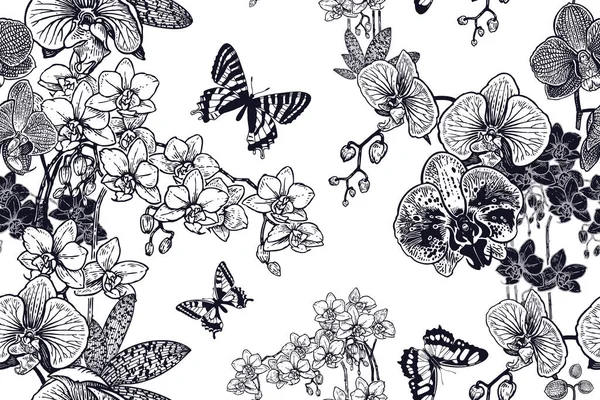 Motif Floral Sans Couture Noir Blanc Fleurs Tropicales Exotiques Orchidées — Image vectorielle