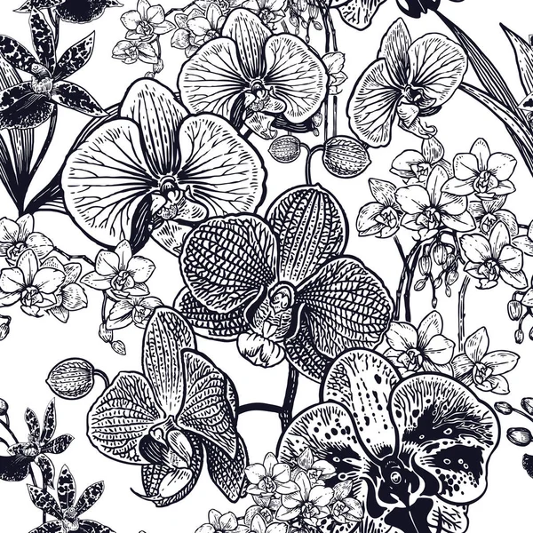 Motif Floral Sans Couture Noir Blanc Orchidées Exotiques Fleurs Tropicales — Image vectorielle