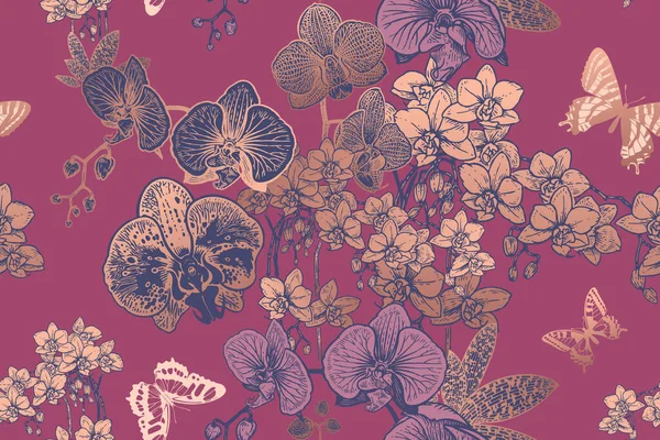 Motif Floral Sans Couture Fleurs Tropicales Exotiques Orchidées Papillons Illustration — Image vectorielle