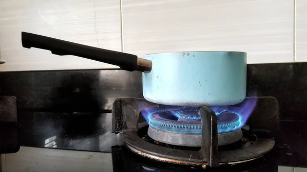 Steel Pot Gas Stove Heat Process Cooking Kitchen — Stock Photo, Image