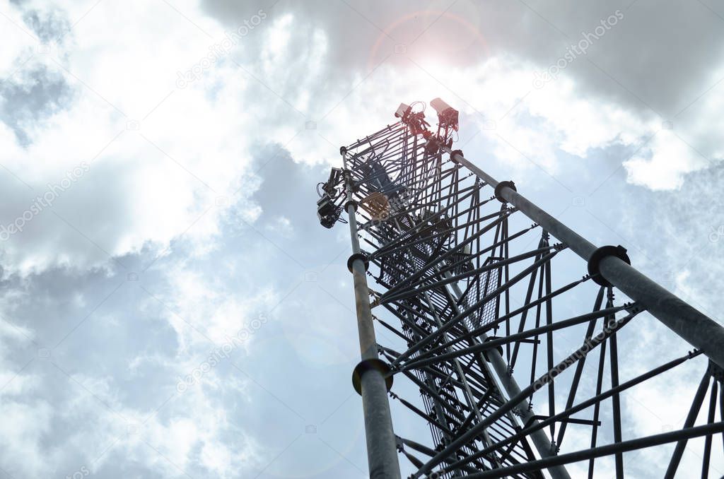 telecommunication tower with sky background.