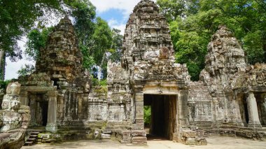 En ünlü ziyaret anıtlarından biri üzerinde büyüyen büyük ağaç kökü - Ta Prohm Tapınağı, aynı zamanda Rajaviharain veya 'Jungle Temple' olarak bilinen, doğa ve mimari arasındaki savaşı gösteren. (Angkor Wat, Unesco, Siem Reap, Kamboçya)