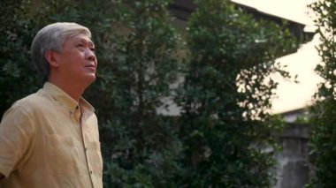 Portre yaşlı yaşlı asyalı adam doğada açık havada gülümseyen