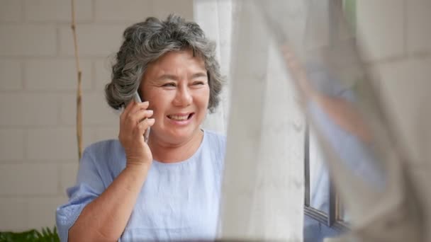 Retrato Senior Asiático Mujer Hablando Smartphone Feliz Sonriendo Lado Ventana — Vídeos de Stock