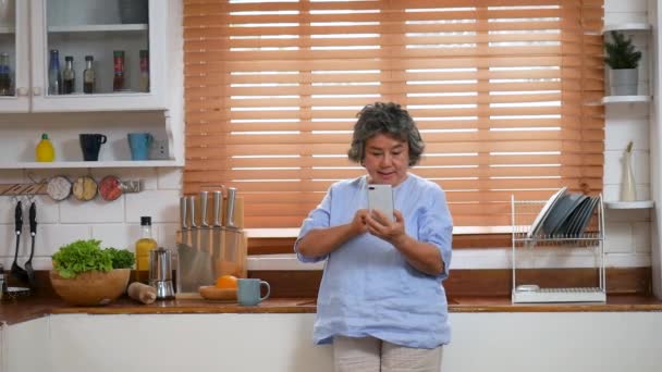 Retrato Mujer Asiática Senior Usando Teléfono Inteligente Feliz Sonriente Cocina — Vídeos de Stock