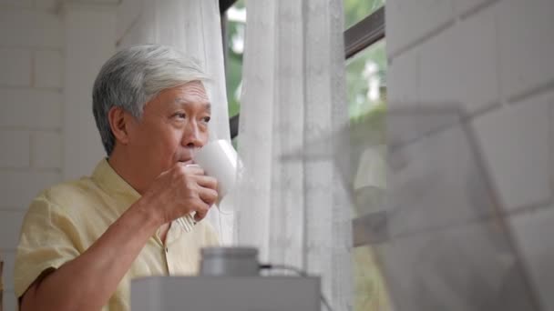 Porträt Älterer Asiatischer Mann Trinkt Morgens Tee Neben Fenster Hause — Stockvideo