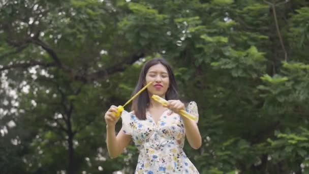 Jeunes Femmes Asiatiques Jouant Des Bulles Savon Amusant Extérieur Dans — Video