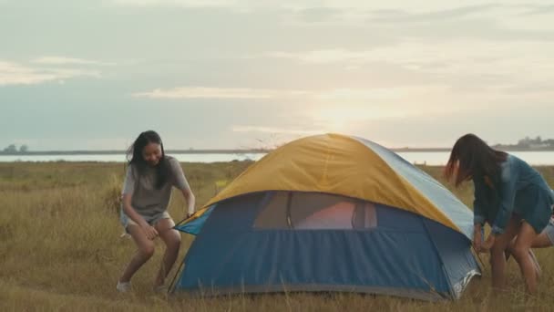 一群年轻的亚洲女人在露营时搭起帐篷 夕阳西下的时候一起享受夏天的旅行 亚洲朋友的生活方式是度假 — 图库视频影像