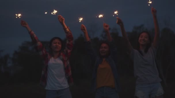 Grupo Uma Jovem Adolescente Asiática Segurando Sparklers Celebrando Novos Anos — Vídeo de Stock