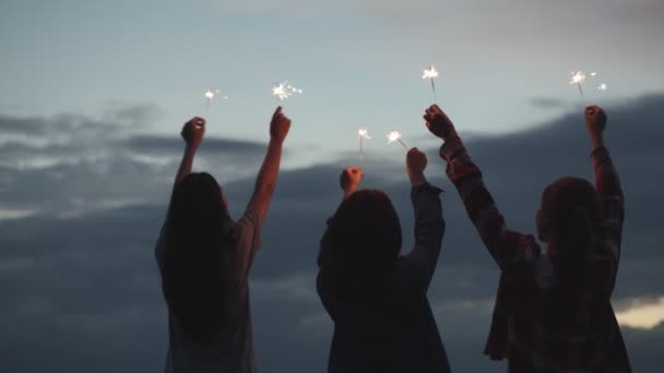 Grupo Uma Jovem Adolescente Asiática Segurando Sparklers Celebrando Novos Anos — Vídeo de Stock