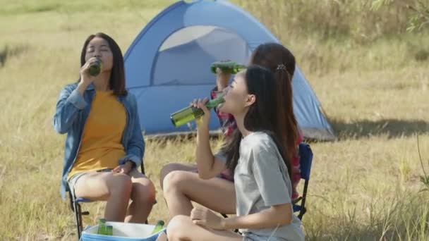 慢动作 一群年轻的亚洲女人 喜欢和朋友在大自然露营 一起喝啤酒和碰杯 — 图库视频影像