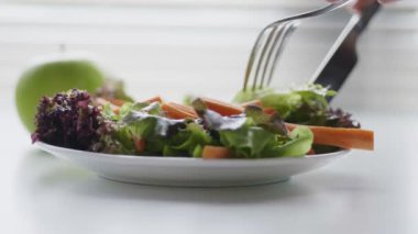 Sebze salatası yiyen genç Asyalı kızı kapat..