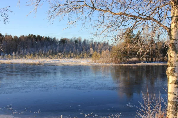Vinter Vid Flod Sverige — Stockfoto