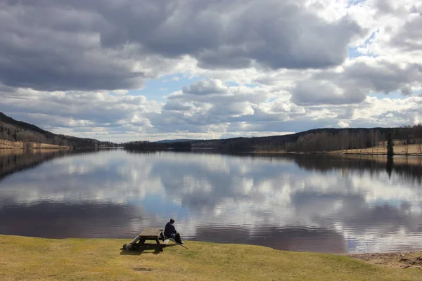 Lake Reflections Clouds Person Sitting Bench Lake — Stockfoto