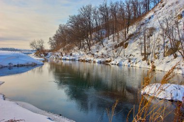 Nehirdeki kar dağlarının ve ağaçların yansıması             