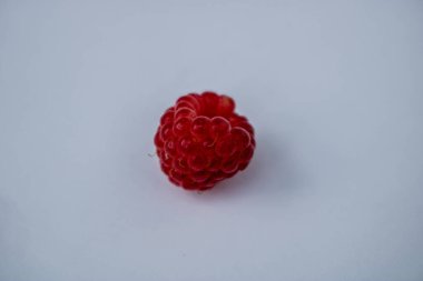 Ahududu meyvesi, olgun, yeşil yapraklı bir dalda kırmızı, yaz günü bahçede ya da ormanda. Sulu ahududuların arka planı.