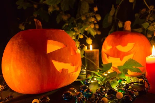 Citrouilles Halloween Avec Des Bougies Sur Fond Noir — Photo