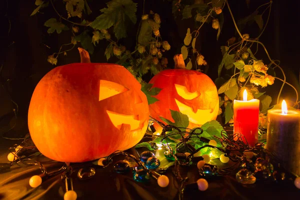 Citrouilles Halloween Avec Des Bougies Sur Fond Noir — Photo