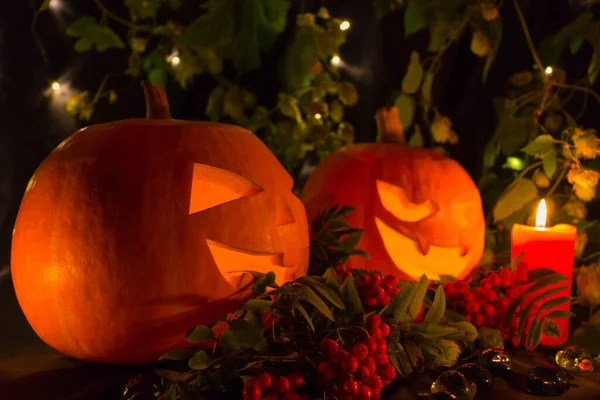 Citrouilles Halloween Avec Des Bougies Sur Fond Noir — Photo