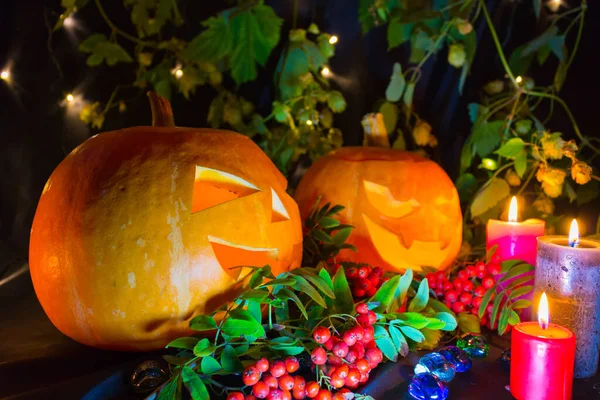 Zucche Halloween Con Candele Sfondo Nero — Foto Stock