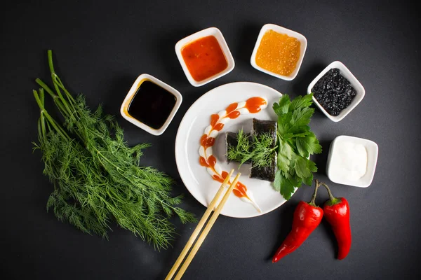 Set Sushi Rolls Served Dark Background Delicious Traditional Japanese Food — Stock Photo, Image