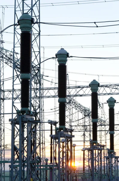 Linhas Transmissão Energia Elétrica Subestação Transformador Potência Alta Tensão Aparelhagem — Fotografia de Stock