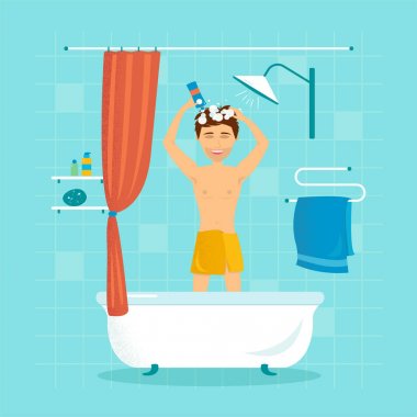 duş adam şampuan ile saçlarını yıkıyor