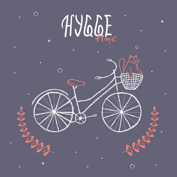 Tiempo hygge con bicicleta sobre fondo azul — Vector de stock