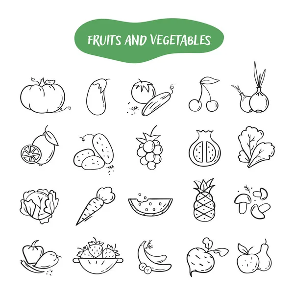 Schwarze lineare Symbole für Obst und Gemüse — Stockvektor