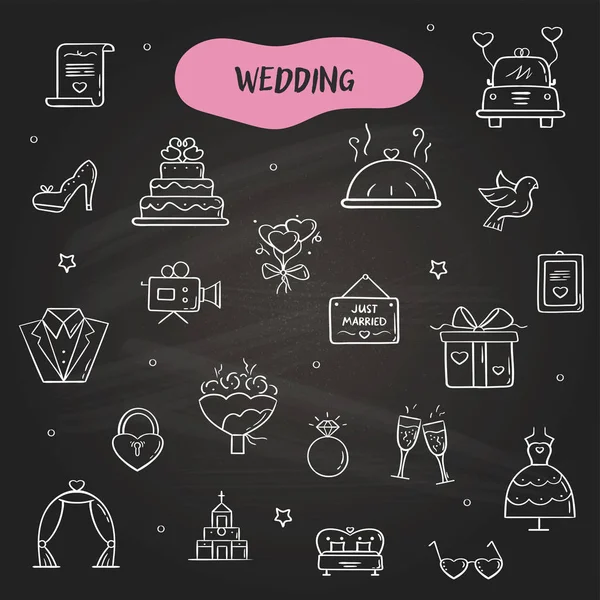 黑板上的线性婚礼图标 — 图库矢量图片