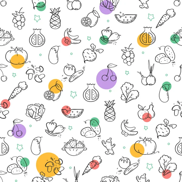 Лінійний стиль візерунок фруктів та овочів з кольоровими акцентами — стоковий вектор