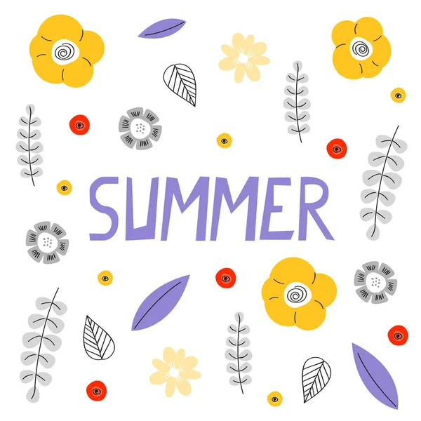 Αφηρημένη floral εικονογράφηση με επιγραφή καλοκαίρι και κίτρινα λουλούδια — Διανυσματικό Αρχείο