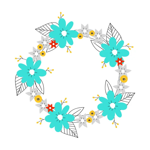 Couronne florale aux fleurs jaunes et bleues — Image vectorielle