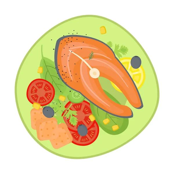 Abendessen mit Fisch und Salat auf dem Teller — Stockvektor