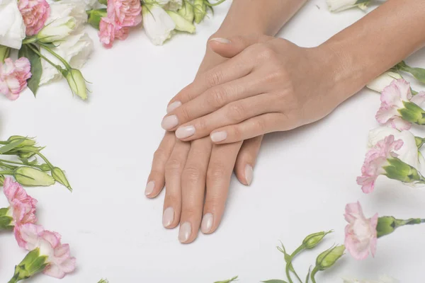 Manicura Hermosas Delicadas Manos Sobre Fondo Blanco Con Flores Rosadas —  Fotos de Stock