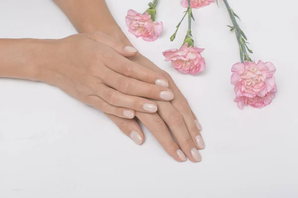 Manicura Hermosas Delicadas Manos Sobre Fondo Blanco Con Flores Rosadas — Foto de Stock