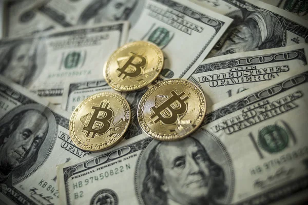 Golden Bitcoins Coins Lying Dollars — Stock Photo, Image