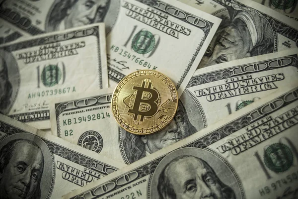 Golden Bitcoins Coins Lying Dollars — Stock Photo, Image
