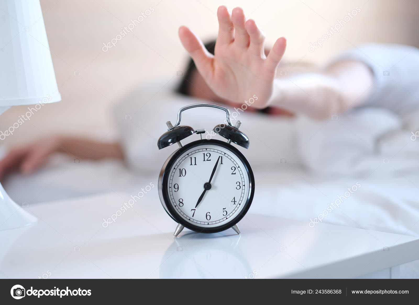 Young Woman Ready Wake Alarm O'clock Time Wake — Stock Photo © foremniakowski 243586368