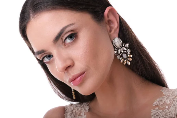 Mujer Joven Elegante Con Maquillaje Glamour Pendientes Ricos —  Fotos de Stock