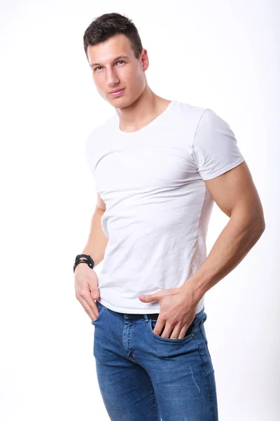 Studio Shoot Young Sport Man White Shirt Jeans — Stock Photo, Image