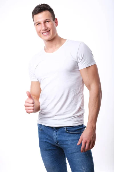 Studio Shoot Young Sport Man White Shirt Jeans — Stock Photo, Image