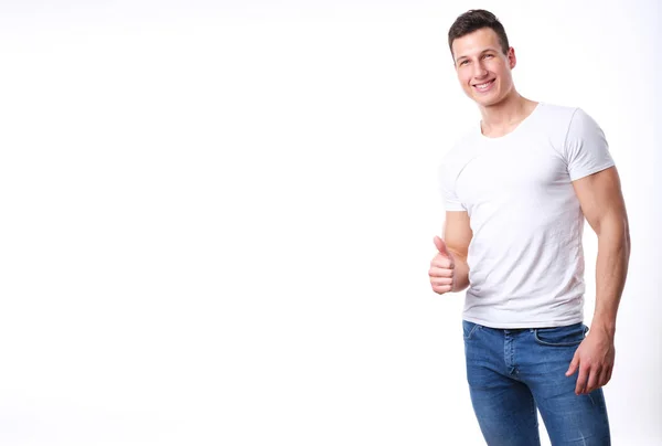 Estúdio Tiro Jovem Desportista Camisa Branca Jeans — Fotografia de Stock