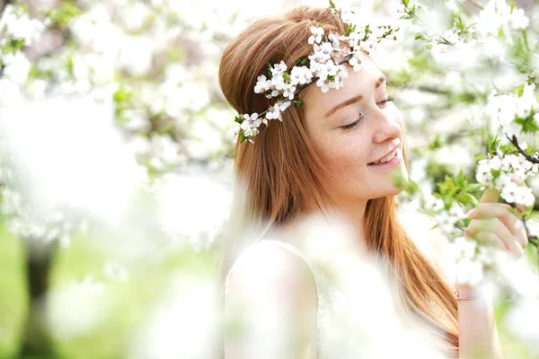 Skönhet Romantisk Kvinna Porträtt Blommande Träd — Stockfoto