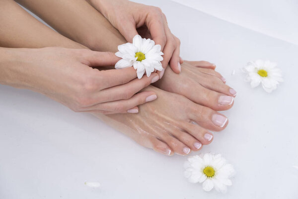 Woman taking a bath. Female hands holding a white flower.