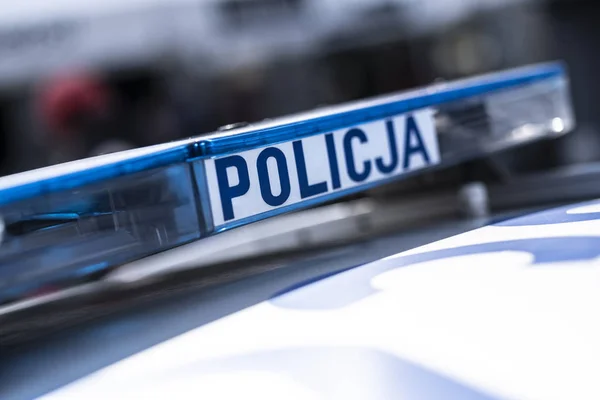 Крупний План Польської Поліцейської Машини Вулиці Кракова Логотипи Відображаються — стокове фото